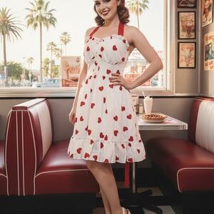 Elegant White Dress with Red Heart Pattern